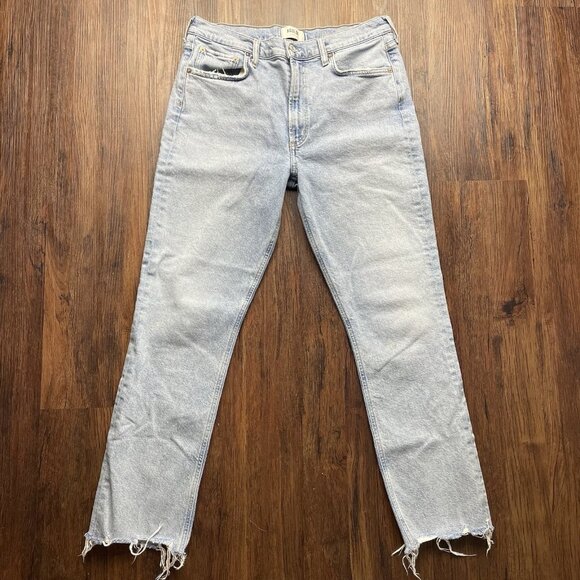 AGOLDE Merrel Jeans Womens 30x28 Blue Light Wash Stretch Raw Hem Distressed - Picture 1 of 11